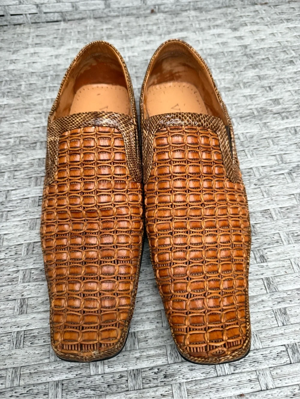 Vieri Woven Leather & Snakeskin Print Slip-On Loafers Square Toe Men’s EU 42